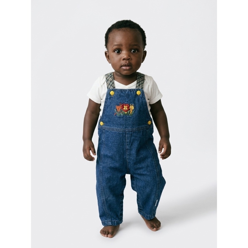 Vintage Healthtex Kids Denim Overalls Embroidered Jungle Animals Retro 90s 18M